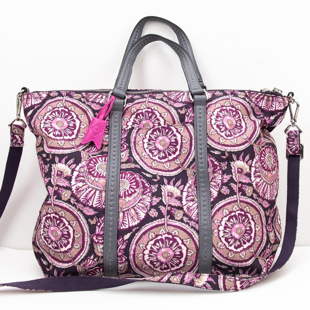 Vera Bradley Midtown Tote Travel Bag Large Office Lei Flowers Grey Purple - Picture 2 of 7